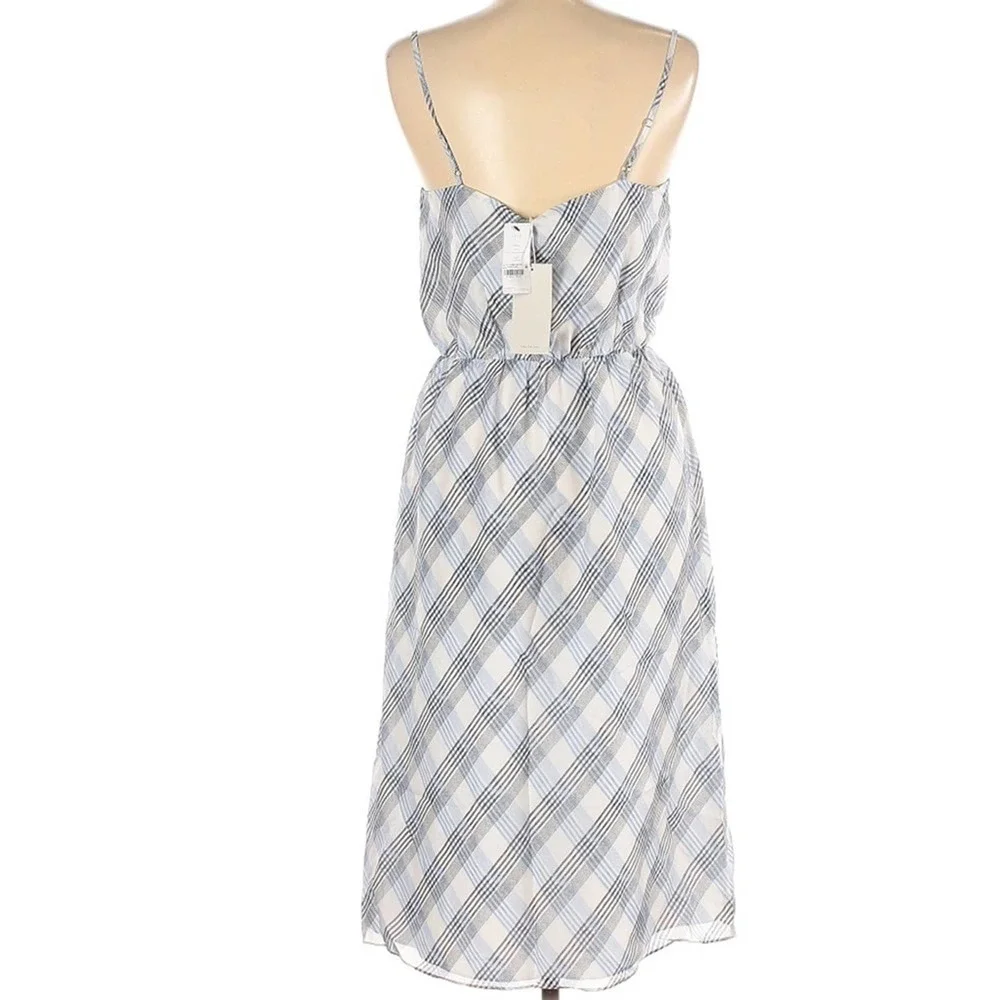 JOIE Plaid White & Blue Abiah 100% Silk Midi Dress Size Medium